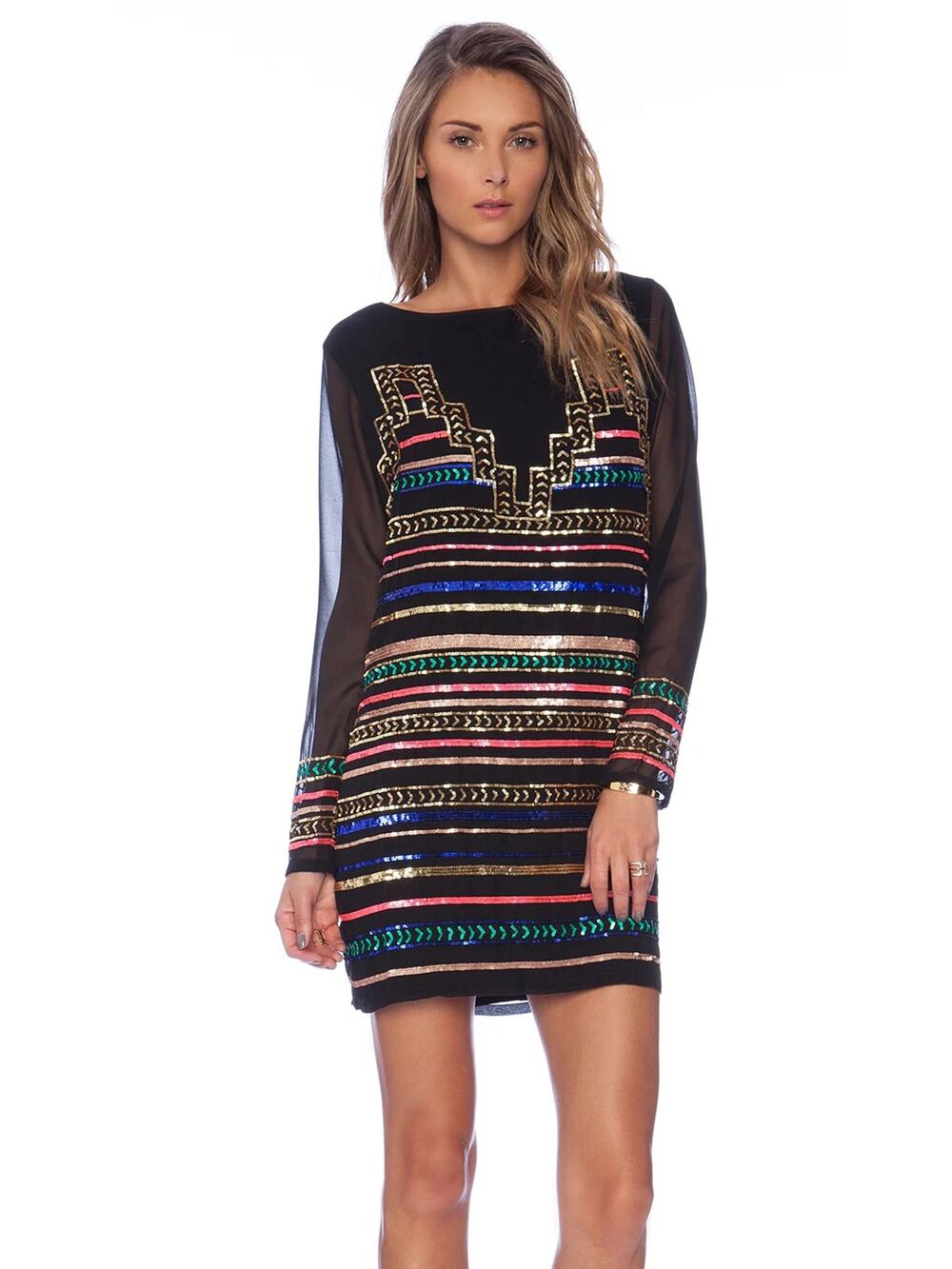 Mara Hoffman Black Mini Sequin Sheath Dress Long Sheer Sleeves- XS